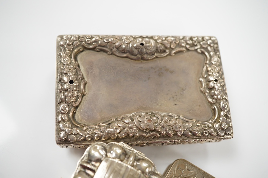 A George IV silver snuff box, by Nathaniel Mills (a.f.), Birmingham, 1827, 84mm, a Dutch white metal pill box and a Portuguese white metal snuff box. Condition - poor to fair